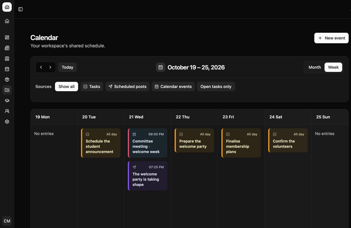 Real screenshot of Azygo’s shared calendar, showing deadlines for the fictional BDE Horizon