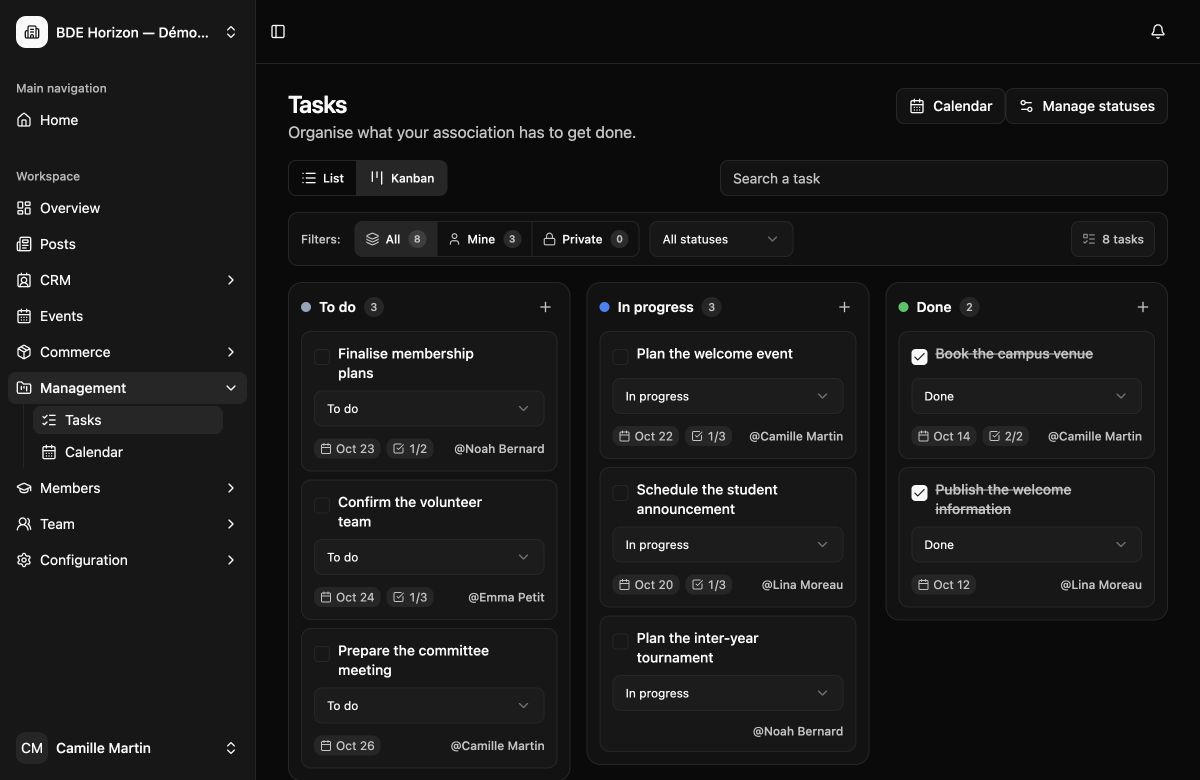 Real screenshot of Azygo’s task board, showing owners and deadlines in the fictional BDE Horizon workspace